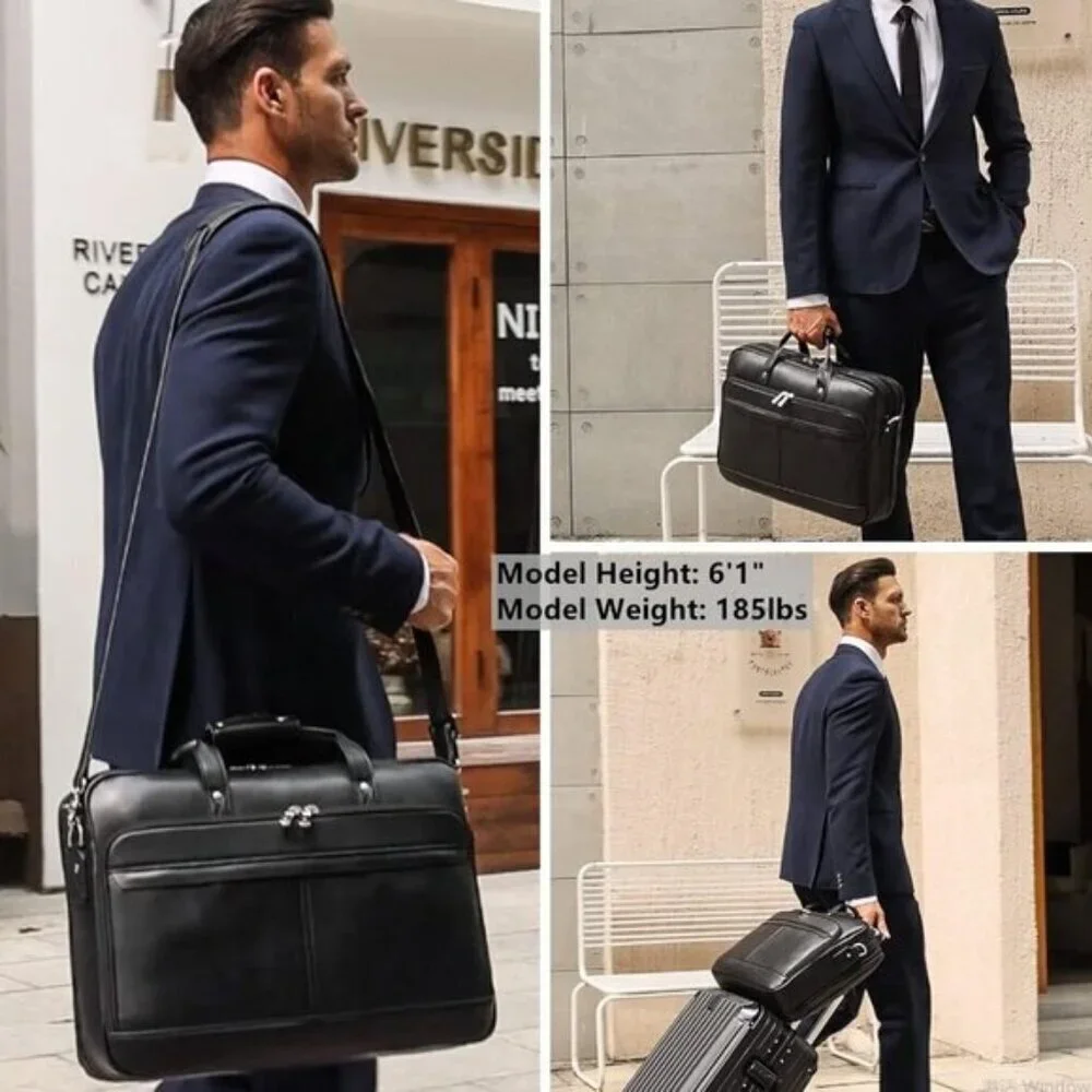 ⚡Men Black Fits 17.3 Inch Laptop Crossbody Bag Attached Leather Briefcase